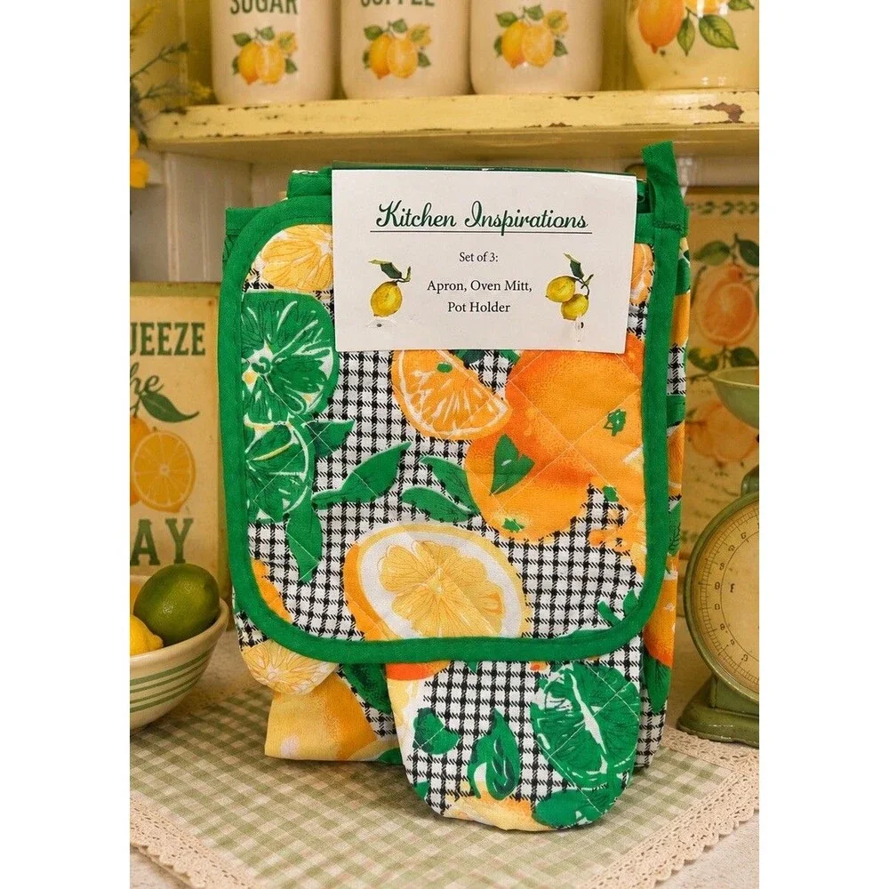 Kitchen Inspirations Citrus Apron Mitt Pot Holder Set Lemon Orange Kitchen NWT